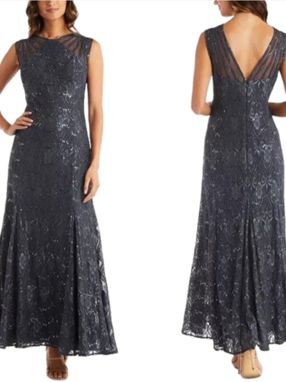 Sleeveless Sequin And Lace Evening Gown - Charcoal Size 8P NWT